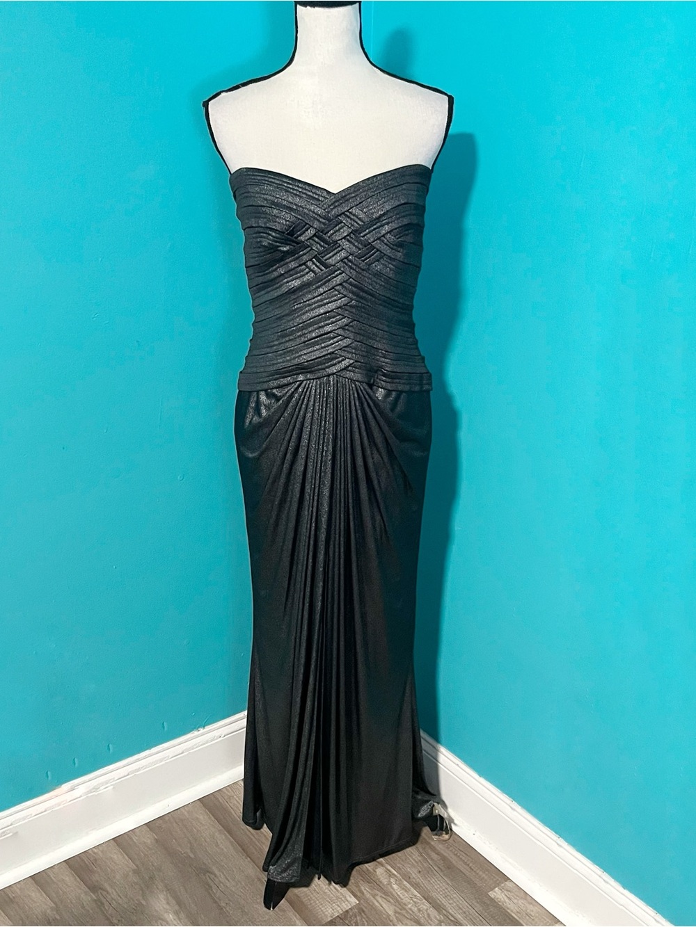 Tadashi Collection M Metallic Strapless Pleated Maxi Dress Gown